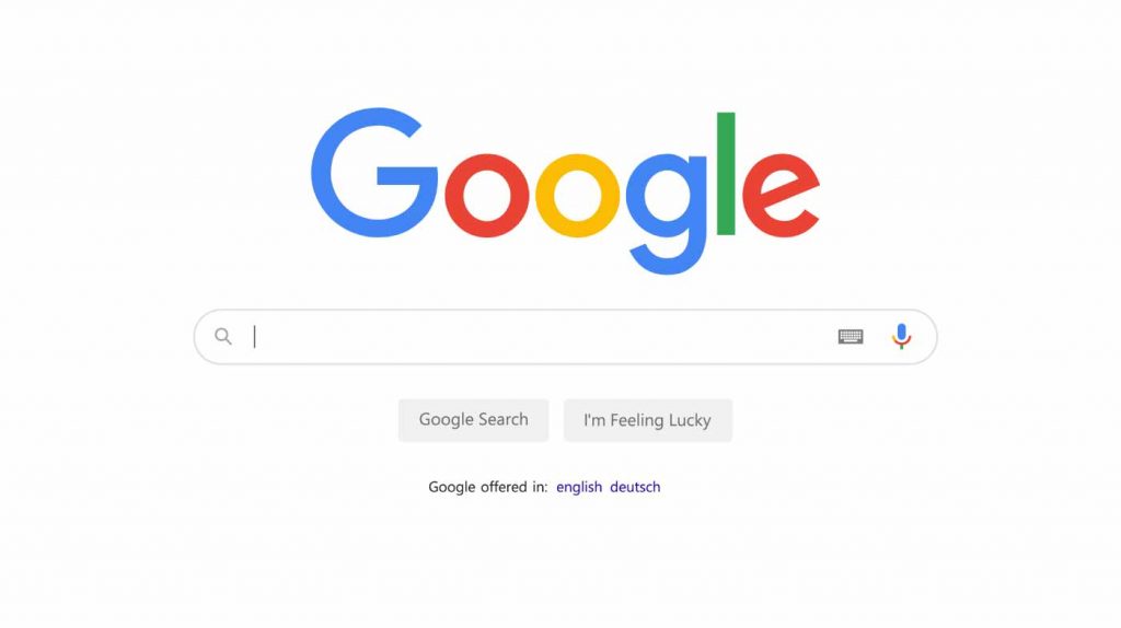 Google homepage displaying its simple and iconic interface with a search bar, colorful Google logo, and search buttons.