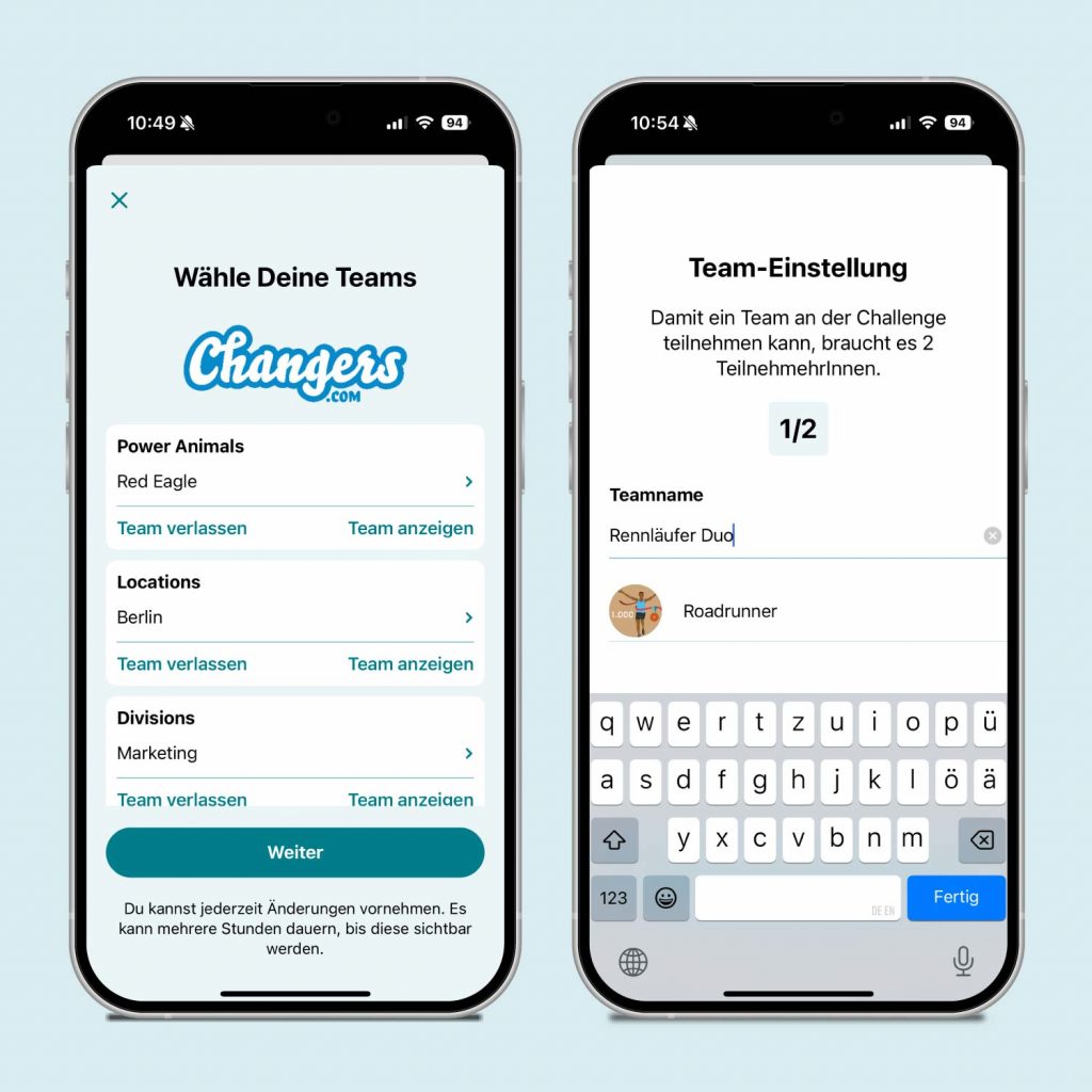 Team Challenge App einrichten. Teams vorgeben oder die Mitarbeiter die Teams einrichten lassen