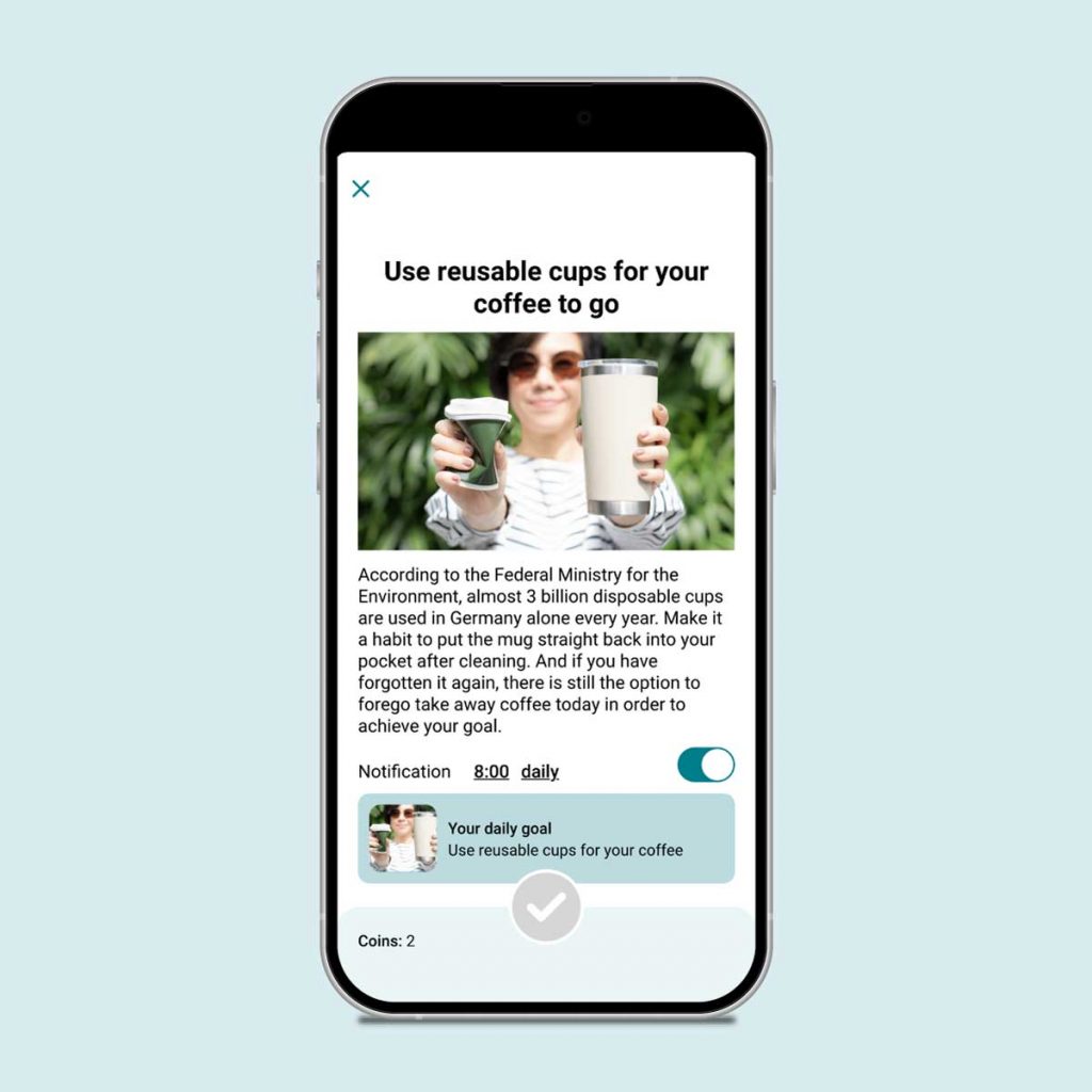 An app screen that shows how you can save waste and CO2 by using reusable packaging.